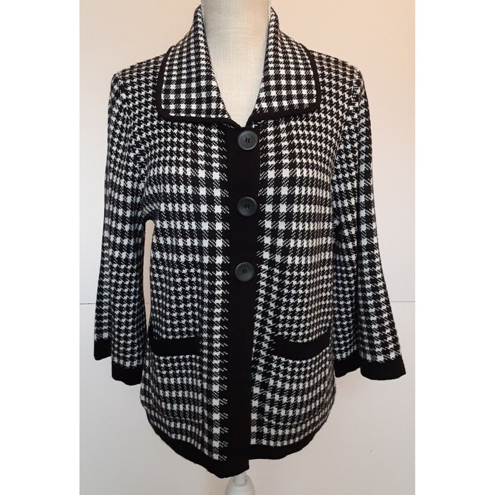 Size L Black/White Button up Cardigan w/3/4" Bell Sleeve - Mercer Street Studio